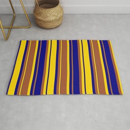[ Thumbnail: Yellow, Sienna & Blue Colored Striped Pattern Rug ]