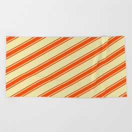 [ Thumbnail: Pale Goldenrod & Red Colored Lined Pattern Beach Towel ]