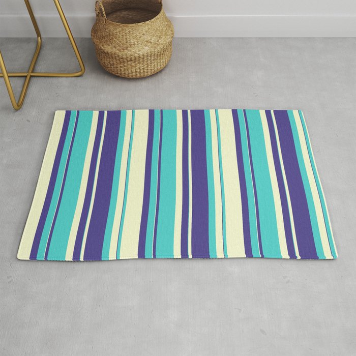 Dark Slate Blue, Turquoise & Light Yellow Colored Striped/Lined Pattern Rug