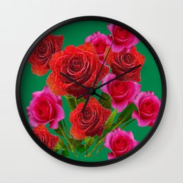 PINK-RED GARDEN ROSES TEAL ART Wall Clock