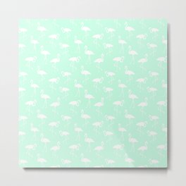 White flamingo silhouettes seamless pattern on mint green background Metal Print