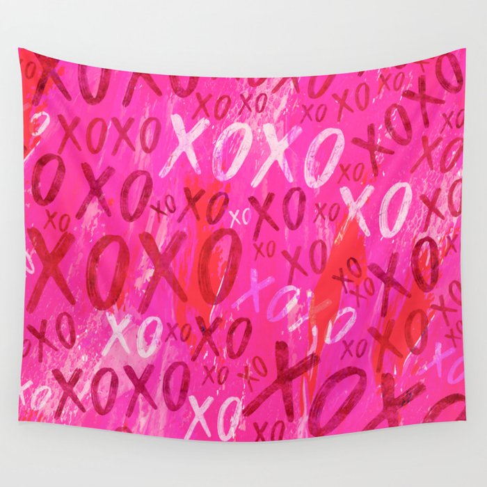 Preppy Room Decor - XOXO Watercolor Collage on Pink Wall Tapestry