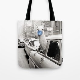 Yummy Blue Bubble Gum Llama taking a New York Taxi black and white photography Tote Bag
