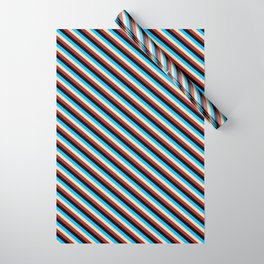 [ Thumbnail: Tan, Brown, Black & Deep Sky Blue Colored Striped Pattern Wrapping Paper ]