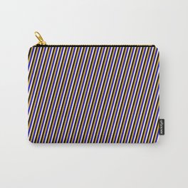 [ Thumbnail: Bisque, Black, Goldenrod, and Blue Colored Pattern of Stripes Carry-All Pouch ]
