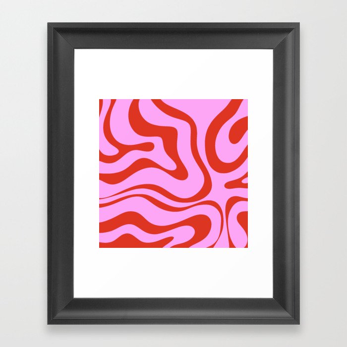 Modern Retro Liquid Swirl Abstract Pattern Square Red and Pink Framed Art Print