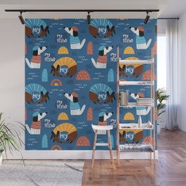 Hey my friend with cute dogs in sweaters and hats in blues, yellows, and peachy orange Wall Mural
