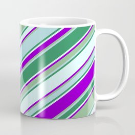 [ Thumbnail: Vibrant Dark Sea Green, Powder Blue, Sea Green, Light Cyan & Dark Violet Colored Lines Pattern Coffee Mug ]