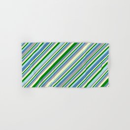 [ Thumbnail: Eye-catching Blue, Dark Gray, Light Yellow, Green, and Powder Blue Colored Lined Pattern Hand & Bath Towel ]