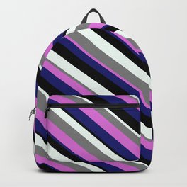 [ Thumbnail: Eye-catching Gray, Orchid, Midnight Blue, Black, and Mint Cream Colored Stripes/Lines Pattern Backpack ]
