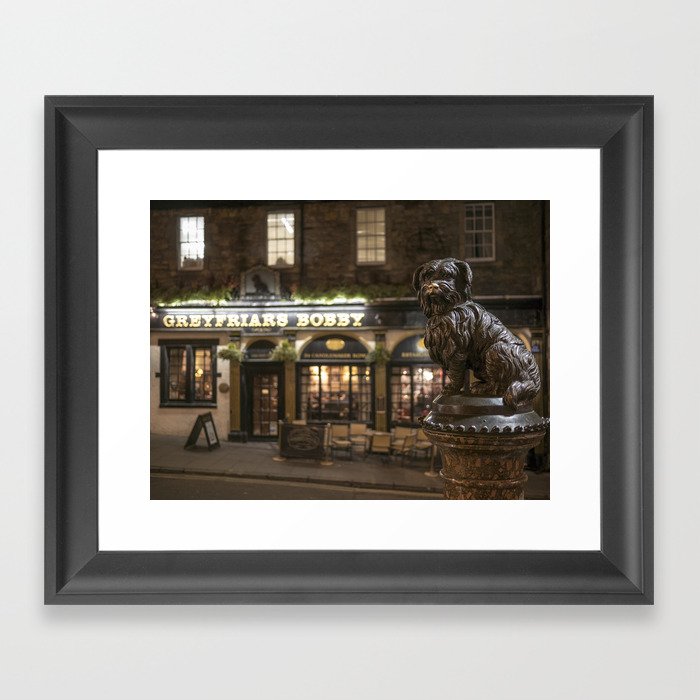 Bobby Greyfriars dog statue at night Edinburgh Scotland pub Framed Art Print