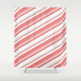 [ Thumbnail: Mint Cream & Light Coral Colored Striped/Lined Pattern Shower Curtain ]