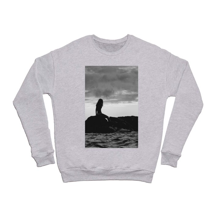 Down at sunset beach; female seaside staring longingly out to sea black and white photograph - photography - photographs Crewneck Sweatshirt