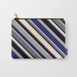 [ Thumbnail: Eye-catching Midnight Blue, Beige, Dark Grey, Dim Grey & Black Colored Striped Pattern Carry-All Pouch ]