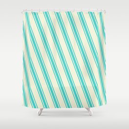 [ Thumbnail: Beige and Turquoise Colored Lined/Striped Pattern Shower Curtain ]