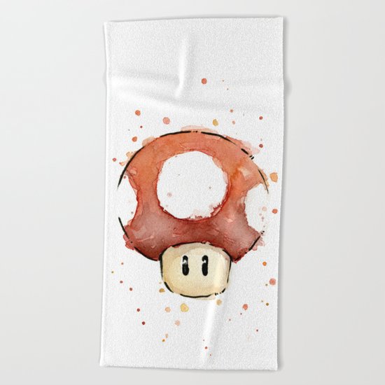 Red Mushroom Watercolor Mario Art Nintendo Geek Gaming Beach Towel