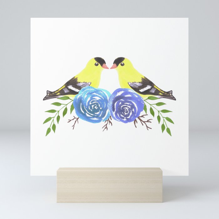 American goldfinch on roses Mini Art Print