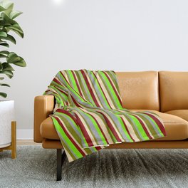[ Thumbnail: Eye-catching Dark Grey, Green, Beige, Dark Red, and Chartreuse Colored Lined/Striped Pattern Throw Blanket ]