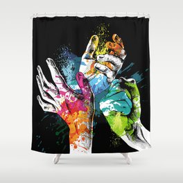 Festival Holi poster with a hands and bright paint on black background. illustration. Shower Curtain