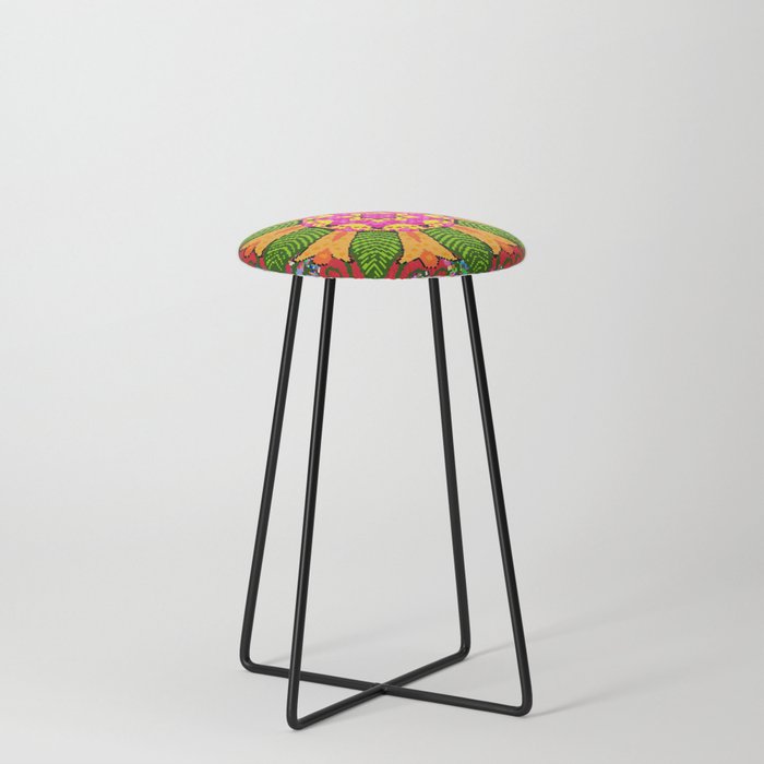 Colored round floral mandala on a red, green and yellow colors. Vintage illustration.  Counter Stool