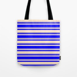 [ Thumbnail: Bisque and Blue Colored Lined/Striped Pattern Tote Bag ]