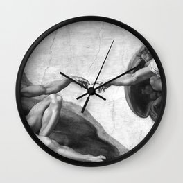 Black and White Creation of Adam Painting by Michelangelo Sistine Chapel Wall Clock