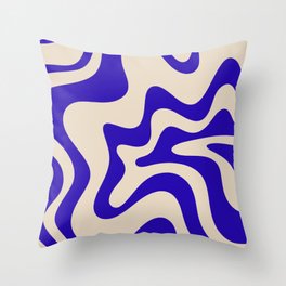 Retro Liquid Swirl Abstract Pattern Square in Beige and Cobalt Blue Throw Pillow