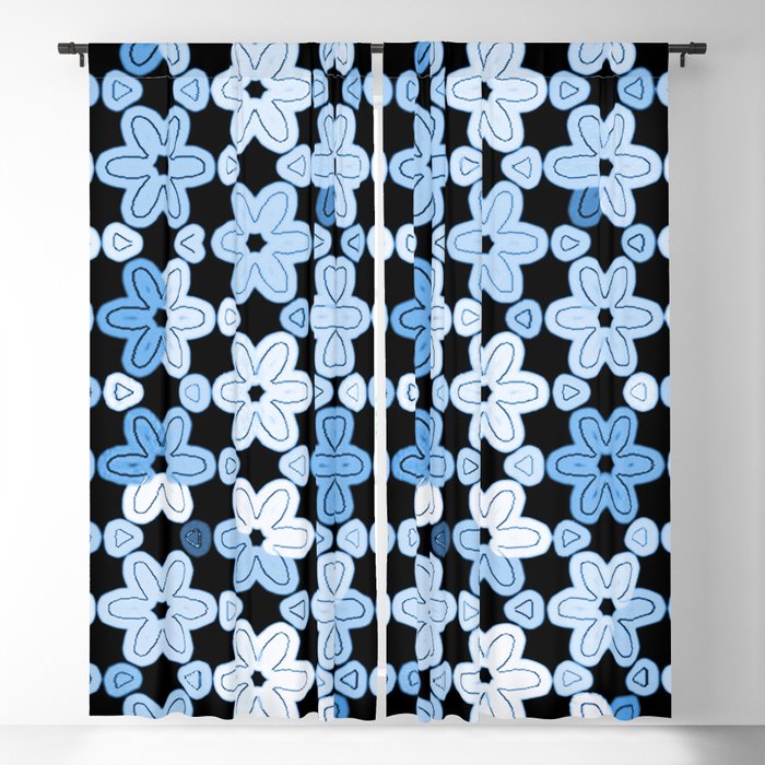 Multicolor Modern Blue and White Daisies on Black Blackout Curtain