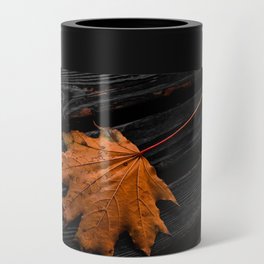 Orange autumn maple leaf on the wooden boards dramatic scene Can Cooler