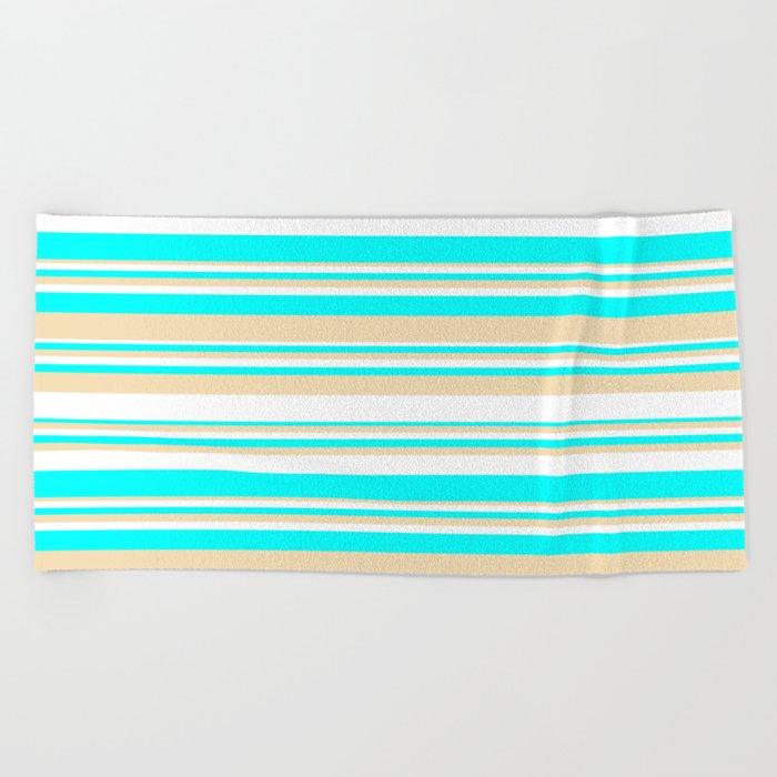 White, Aqua & Tan Colored Striped/Lined Pattern Beach Towel