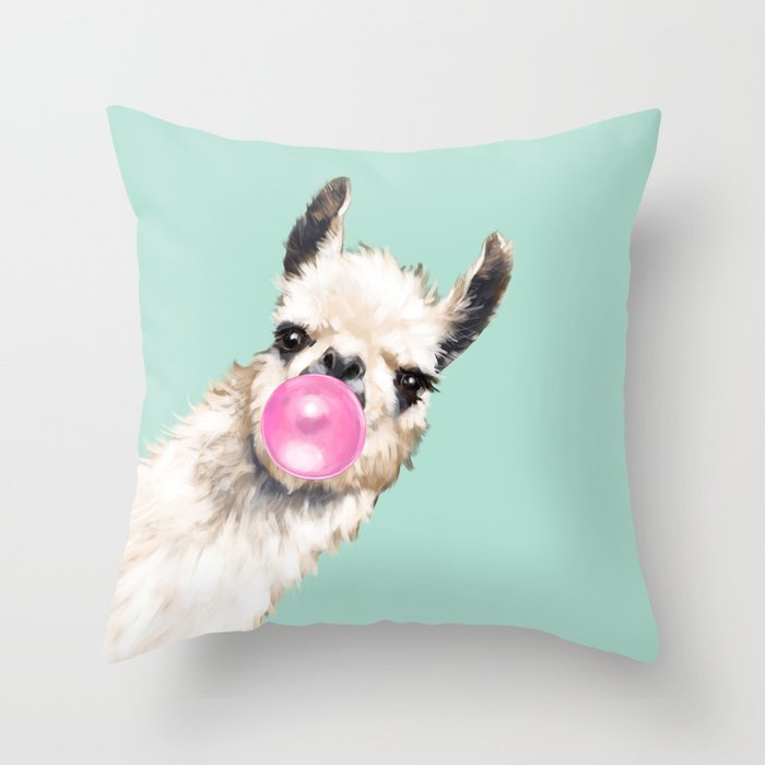 Bubble Gum Sneaky Llama in Green Throw Pillow
