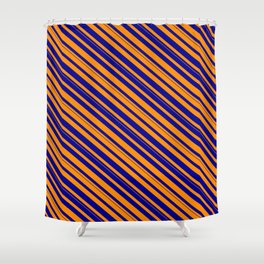 [ Thumbnail: Dark Orange and Dark Blue Colored Lined/Striped Pattern Shower Curtain ]