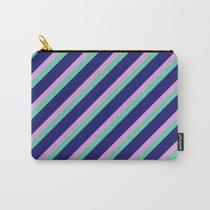 Plum, Aquamarine & Midnight Blue Colored Lined/Striped Pattern Carry-All Pouch