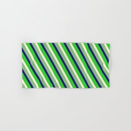 [ Thumbnail: Light Yellow, Dark Sea Green, Midnight Blue & Lime Green Colored Lined Pattern Hand & Bath Towel ]