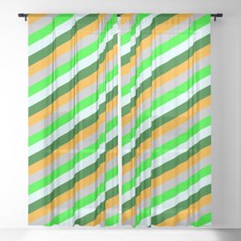 [ Thumbnail: Vibrant Light Cyan, Dark Green, Orange, Grey & Lime Colored Lined/Striped Pattern Sheer Curtain ]