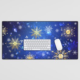 Blue background with golden snowflakes Desk Mat