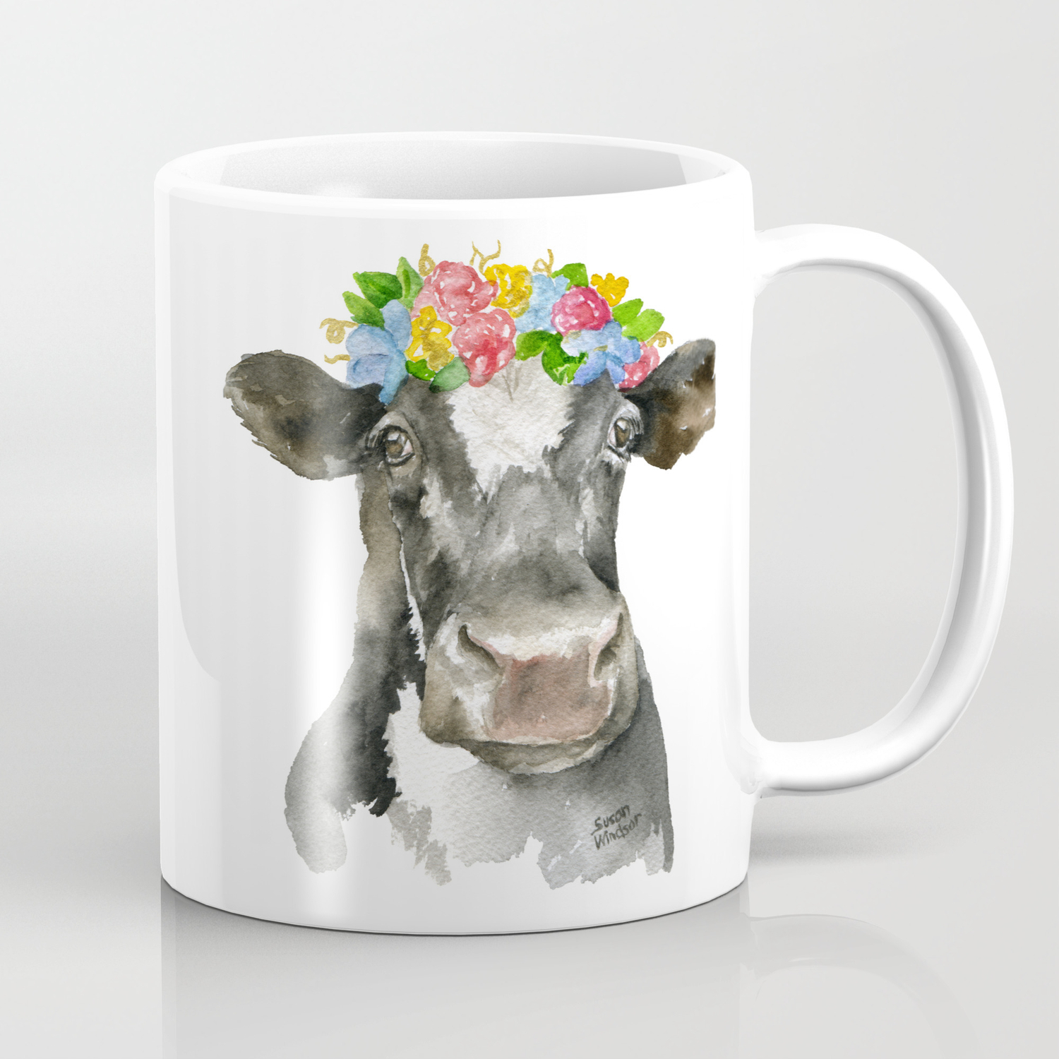 Black And White Cow With Floral Crown Watercolor Painting Coffee