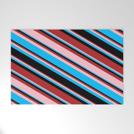 [ Thumbnail: Red, Pink, Deep Sky Blue, and Black Colored Stripes/Lines Pattern Welcome Mat ]