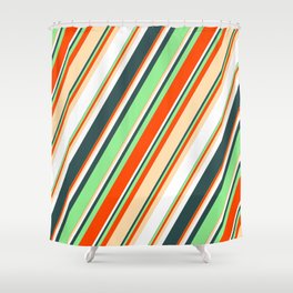 [ Thumbnail: Light Green, Red, Tan, White, and Dark Slate Gray Colored Striped Pattern Shower Curtain ]