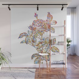 Floral Red Gallic Rose Mosaic on White Wall Mural