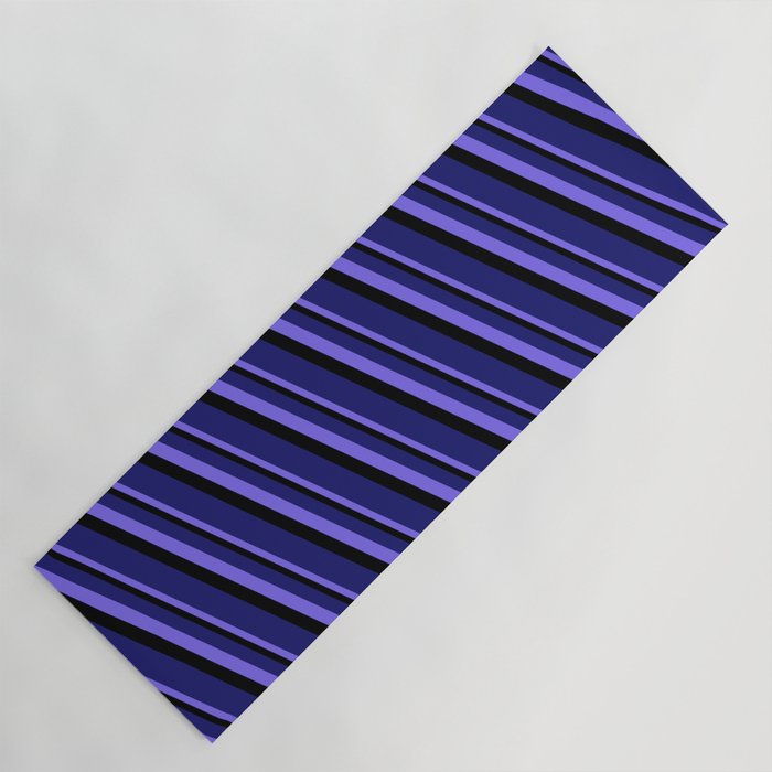 Medium Slate Blue, Black, and Midnight Blue Colored Stripes Pattern Yoga Mat