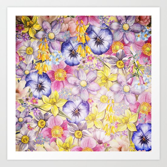 Painterly Vintage Spring Flowers Pattern - Springflower floral Art Print