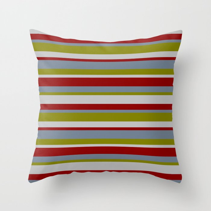 Slate Gray, Green, Grey & Dark Red Colored Pattern of Stripes Throw Pillow
