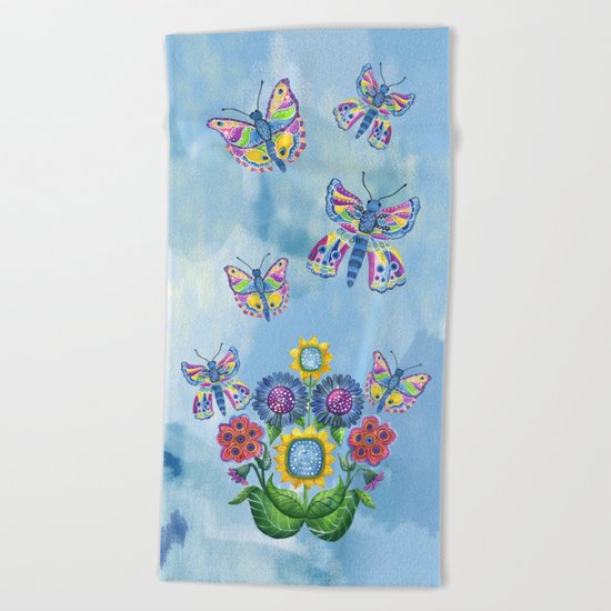 Butterflies and Flowers Beach Towel