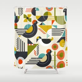 Seamless pattern with stylized birds in retro bauhaus style Shower Curtain