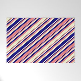 [ Thumbnail: Light Coral, Light Yellow, and Blue Colored Lined/Striped Pattern Welcome Mat ]