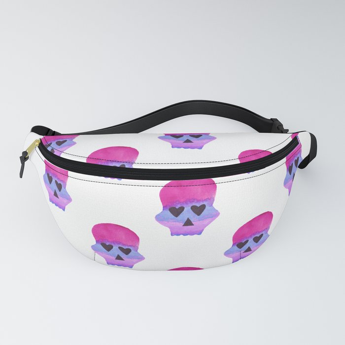 Skull with Heart Eyes Pattern in Pink Purple Fanny Pack