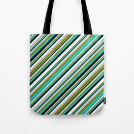 [ Thumbnail: Colorful Grey, Green, Dark Turquoise, Black, and Mint Cream Colored Lined/Striped Pattern Tote Bag ]