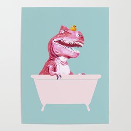 Pink T-Rex in Bathtub Poster