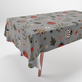 Ladybug and Floral Seamless Pattern on Grey Background Tablecloth